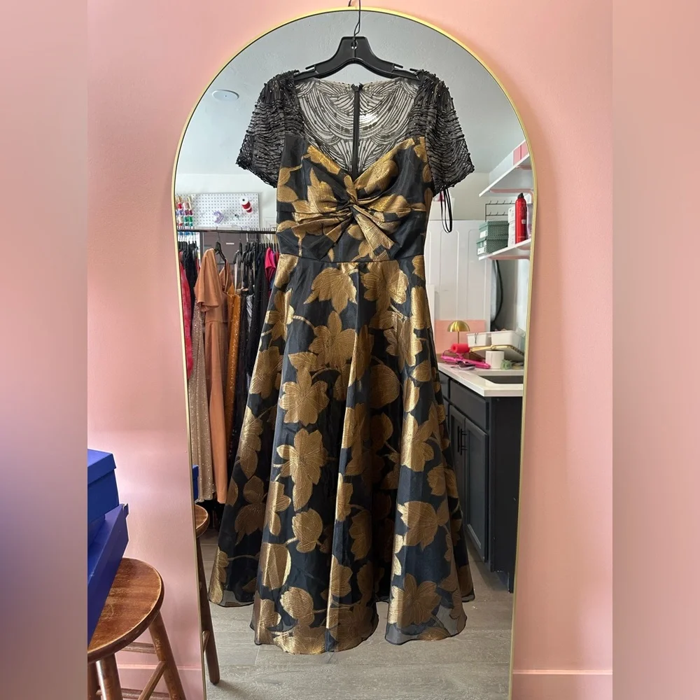 Theia Beaded Gold Black Midi Dress - Picture 3 of 6